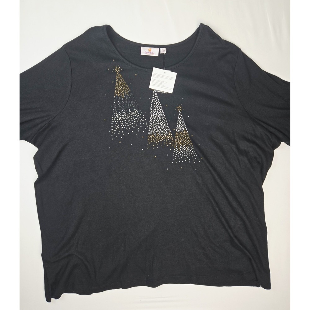 NWT Womens Quacker Factory shirt sz 3X black Christmas tree rhinestone silver